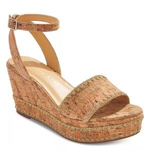 Jack Roger’s Flagler whipstich metallic cork wedge with ankle straps gold flake
